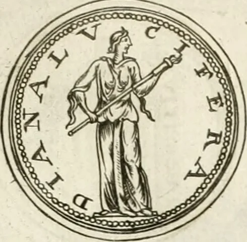 An illustration from Veterum Romanorum Religio castrametatio, disciplina militaris ut & balneae ex antiquis numismatibus & lapidibus demonstrata, 1686, leaf 84