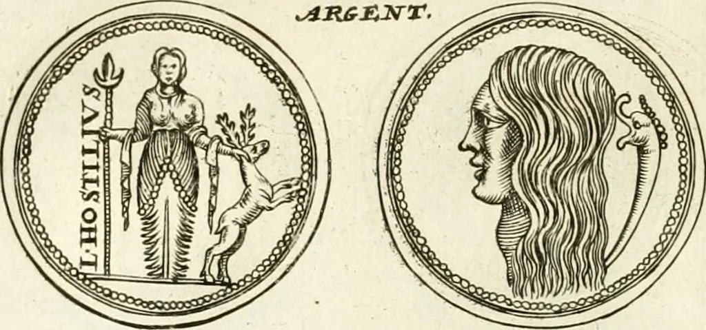 An illustration from Veterum Romanorum Religio castrametatio, disciplina militaris ut & balneae ex antiquis numismatibus & lapidibus demonstrata, 1686, leaf 85