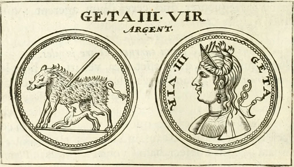 An illustration from Veterum Romanorum Religio castrametatio, disciplina militaris ut & balneae ex antiquis numismatibus & lapidibus demonstrata, 1686, leaf 85