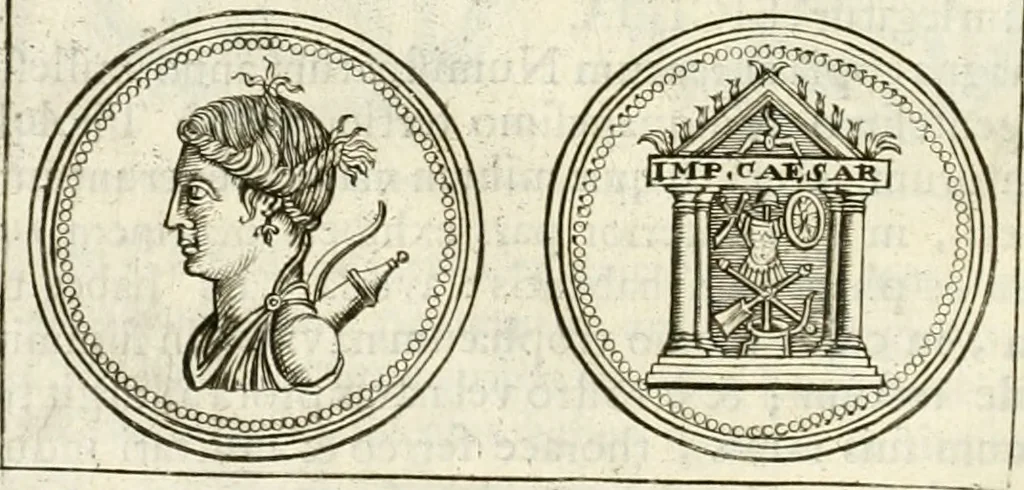 An illustration from Veterum Romanorum Religio castrametatio, disciplina militaris ut & balneae ex antiquis numismatibus & lapidibus demonstrata, 1686, leaf 87