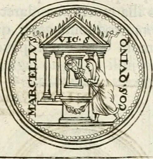 An illustration from Veterum Romanorum Religio castrametatio, disciplina militaris ut & balneae ex antiquis numismatibus & lapidibus demonstrata, 1686, leaf 88