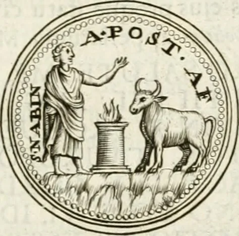 An illustration from Veterum Romanorum Religio castrametatio, disciplina militaris ut & balneae ex antiquis numismatibus & lapidibus demonstrata, 1686, leaf 90