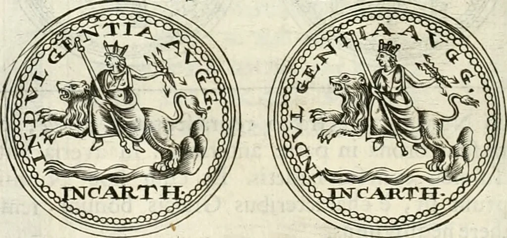 An illustration from Veterum Romanorum Religio castrametatio, disciplina militaris ut & balneae ex antiquis numismatibus & lapidibus demonstrata, 1686, leaf 95