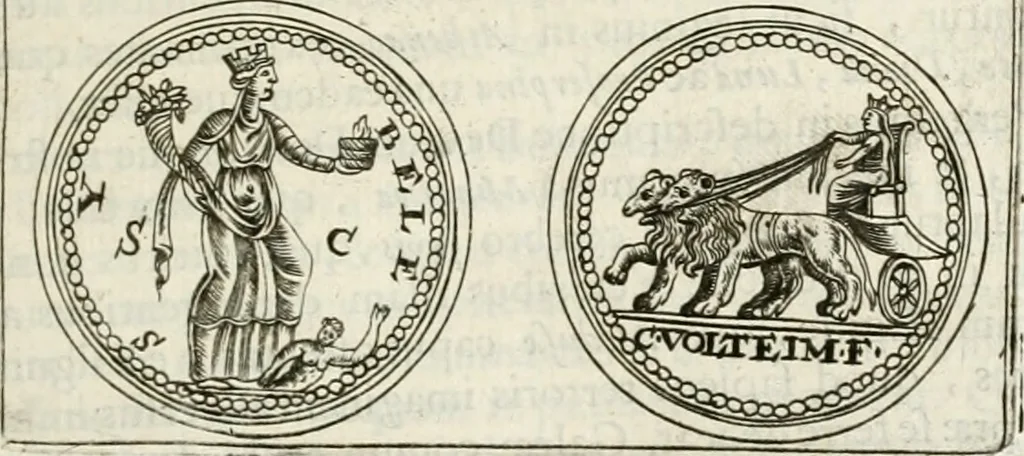 An illustration from Veterum Romanorum Religio castrametatio, disciplina militaris ut & balneae ex antiquis numismatibus & lapidibus demonstrata, 1686, leaf 96