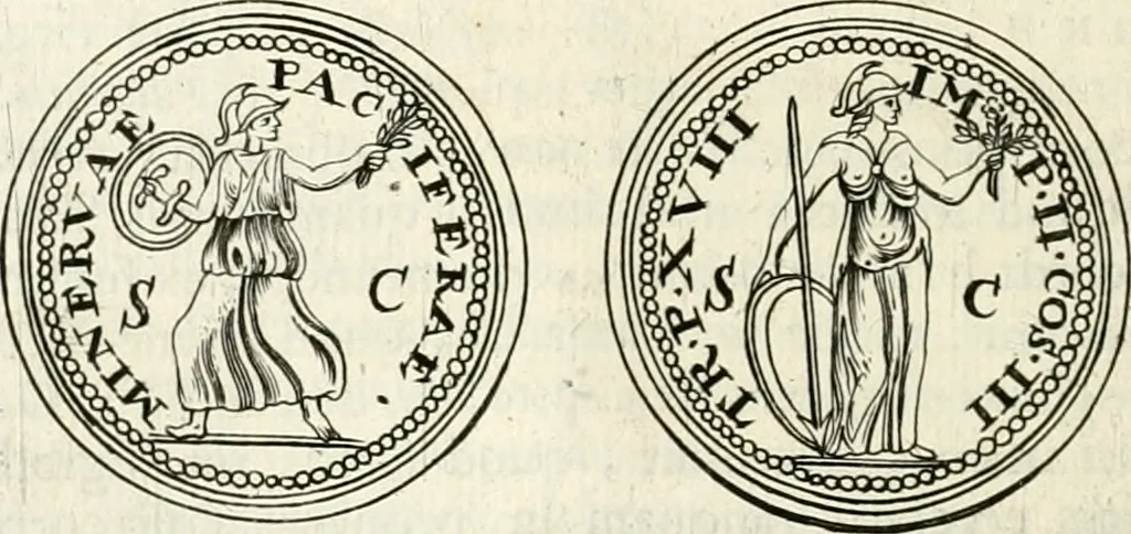 An illustration from Veterum Romanorum Religio castrametatio, disciplina militaris ut & balneae ex antiquis numismatibus & lapidibus demonstrata, 1686, leaf 99