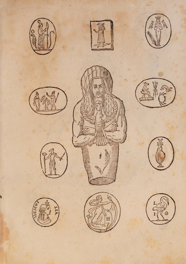 An illustration from Vetustissimae tabulae aeneae sacris Aegyptiorum simulachris coelatae accurata explicatio : in qua antiquissimarum superstitionum origines, progressiones, ritus ad barbaram, Graecam, Romanamque historiam illustrandam enarrantur, & multa scriptorum veterum loca qua explanantur, qua emendantur, 1605, leaf 103