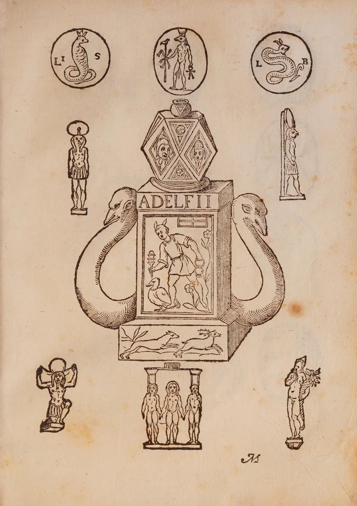An illustration from Vetustissimae tabulae aeneae sacris Aegyptiorum simulachris coelatae accurata explicatio : in qua antiquissimarum superstitionum origines, progressiones, ritus ad barbaram, Graecam, Romanamque historiam illustrandam enarrantur, & multa scriptorum veterum loca qua explanantur, qua emendantur, 1605, leaf 105