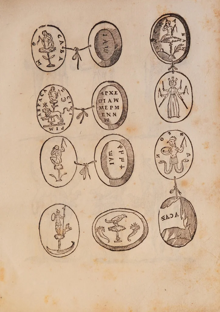 An illustration from Vetustissimae tabulae aeneae sacris Aegyptiorum simulachris coelatae accurata explicatio : in qua antiquissimarum superstitionum origines, progressiones, ritus ad barbaram, Graecam, Romanamque historiam illustrandam enarrantur, & multa scriptorum veterum loca qua explanantur, qua emendantur, 1605, leaf 107