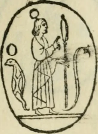 An illustration from Vetvstissimae tabvlae aeneae sacris aegyptiorum simulachris coelatae accurata explicatio : in qua antiquissimarum superstitionum origines, progressiones, ritus ad barbaram, graecam, romanamque historiam illustrandam enarrantur, & multa scriptorum veterum loca qua explanantur, qua emendantur, 1605, leaf 106
