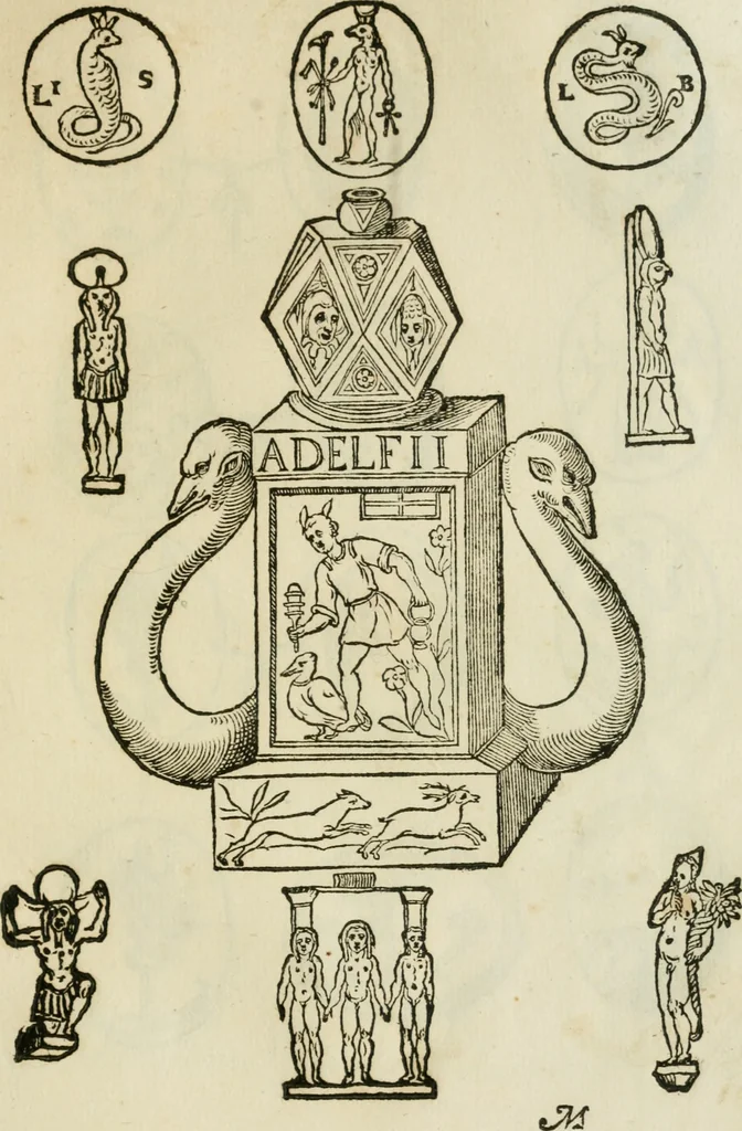 An illustration from Vetvstissimae tabvlae aeneae sacris aegyptiorum simulachris coelatae accurata explicatio : in qua antiquissimarum superstitionum origines, progressiones, ritus ad barbaram, graecam, romanamque historiam illustrandam enarrantur, & multa scriptorum veterum loca qua explanantur, qua emendantur, 1605, leaf 108