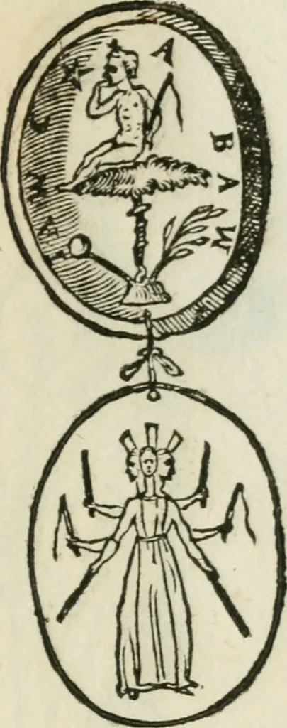 An illustration from Vetvstissimae tabvlae aeneae sacris aegyptiorum simulachris coelatae accurata explicatio : in qua antiquissimarum superstitionum origines, progressiones, ritus ad barbaram, graecam, romanamque historiam illustrandam enarrantur, & multa scriptorum veterum loca qua explanantur, qua emendantur, 1605, leaf 110