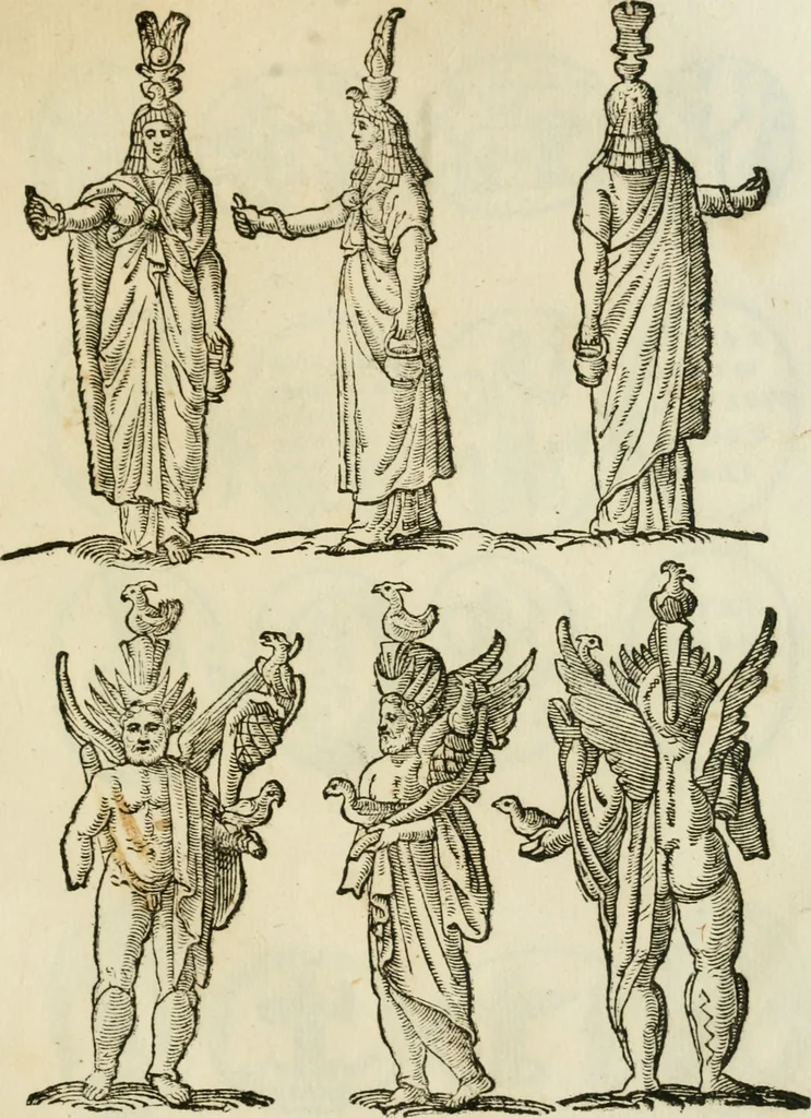 An illustration from Vetvstissimae tabvlae aeneae sacris aegyptiorum simulachris coelatae accurata explicatio : in qua antiquissimarum superstitionum origines, progressiones, ritus ad barbaram, graecam, romanamque historiam illustrandam enarrantur, & multa scriptorum veterum loca qua explanantur, qua emendantur, 1605, leaf 112