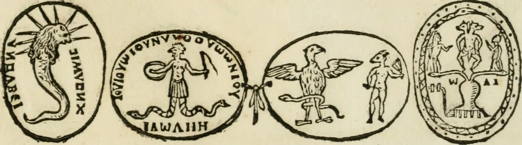 An illustration from Vetvstissimae tabvlae aeneae sacris aegyptiorum simulachris coelatae accurata explicatio : in qua antiquissimarum superstitionum origines, progressiones, ritus ad barbaram, graecam, romanamque historiam illustrandam enarrantur, & multa scriptorum veterum loca qua explanantur, qua emendantur, 1605, leaf 114