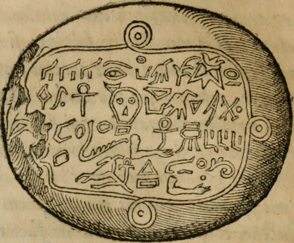 An illustration from Vetvstissimae tabvlae aeneae sacris aegyptiorum simulachris coelatae accurata explicatio : in qua antiquissimarum superstitionum origines, progressiones, ritus ad barbaram, graecam, romanamque historiam illustrandam enarrantur, & multa scriptorum veterum loca qua explanantur, qua emendantur, 1605, leaf 37