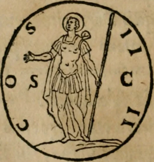 An illustration from Vetvstissimae tabvlae aeneae sacris aegyptiorum simulachris coelatae accurata explicatio : in qua antiquissimarum superstitionum origines, progressiones, ritus ad barbaram, graecam, romanamque historiam illustrandam enarrantur, & multa scriptorum veterum loca qua explanantur, qua emendantur, 1605, leaf 65