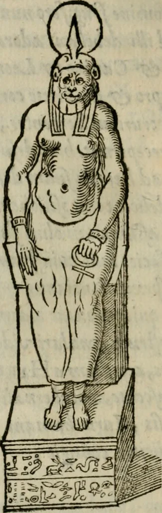 An illustration from Vetvstissimae tabvlae aeneae sacris aegyptiorum simulachris coelatae accurata explicatio : in qua antiquissimarum superstitionum origines, progressiones, ritus ad barbaram, graecam, romanamque historiam illustrandam enarrantur, & multa scriptorum veterum loca qua explanantur, qua emendantur, 1605, leaf 85