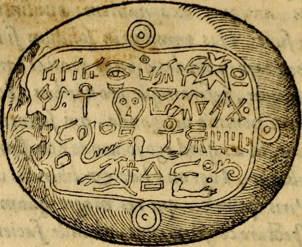 An illustration from Vetvstissimae tabvlae aeneae sacris Aegyptiorum simulachris coelatae accurata explicatio, in qua antiquissimarum superstitionum origines, progressiones, ritus ad barbaram, graecam, romanamque historiam illustrandam enarrantur, & multa scriptorum veterum loca qua explanantur, qua emendantur:, 1605, leaf 33