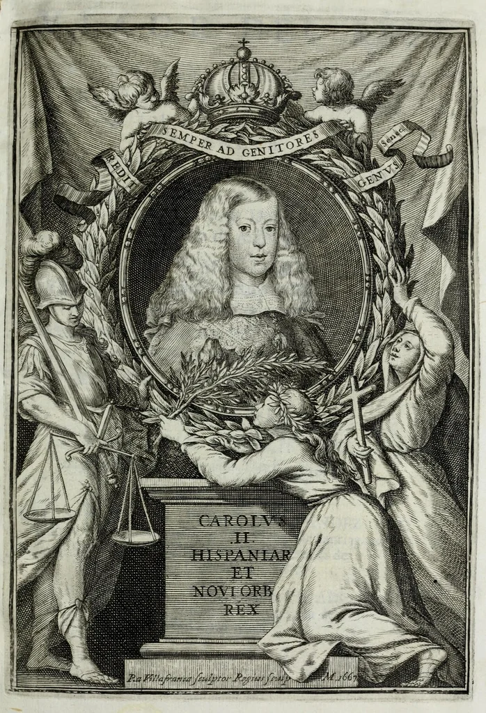 An illustration from Viage del rey nuestro señor don Felipe Quarto el Grande, a la frontera de Francia : funciones reales, del desposorio, y entregas de la serenissima señora infante de España doña Maria Teresa de Austria : vistas de Sus Magestades catolica y christianissima, señora reyna christianissima madre, y señor duque de Anjou : solemne iuramento de la paz, y sucessos de ida, y buelta de la jornada, en relacion diaria, 1667, leaf 9