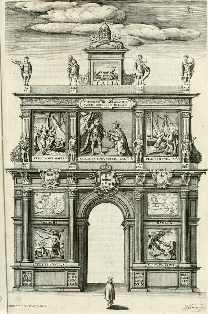 An illustration from Viagem da Catholica Real Magestade del Rey D. Filipe II N.S. ao Reyno de Portvgal e rellaçao do solene recebimento que nelle se lhe fez S. Magestade a mandou, 1621, leaf 76