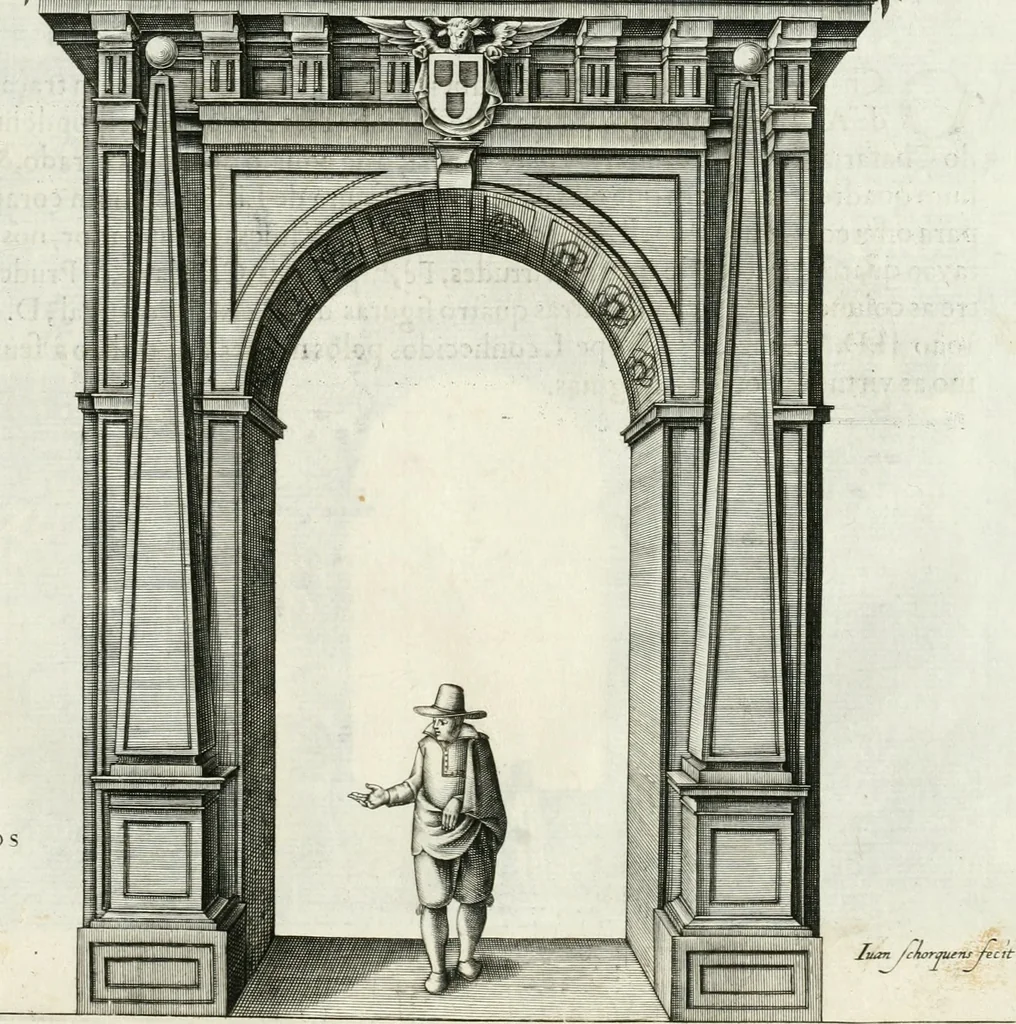 An illustration from Viagem da Catholica Real Magestade del Rey D. Filipe II N.S. ao Reyno de Portvgal e rellaçao do solene recebimento que nelle se lhe fez S. Magestade a mandou, 1621, leaf 86