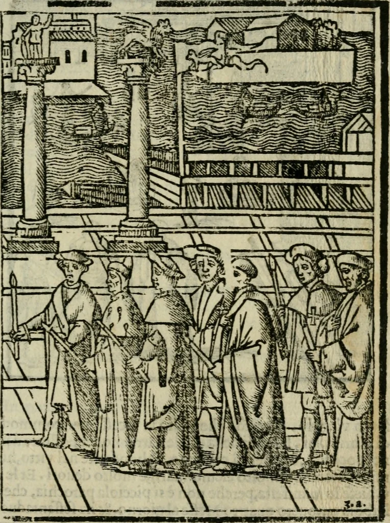 An illustration from Viaggio da Venetia al Santo Sepolcro, et al monte Sinai; col dissegno delle città, castelli, ville, chiese, monasterij, isole, porti, & fiumi, che sin là si ritrouano; et vna breue regola di quanto si dee osseruar nel detto viaggio, e quel che si paga da luoco à luoco, sì di dacij, come d'altre cose, 1606, leaf 10