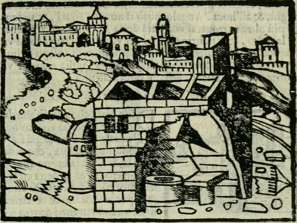 An illustration from Viaggio da Venetia al Santo Sepolcro, et al monte Sinai; col dissegno delle città, castelli, ville, chiese, monasterij, isole, porti, & fiumi, che sin là si ritrouano; et vna breue regola di quanto si dee osseruar nel detto viaggio, e quel che si paga da luoco à luoco, sì di dacij, come d'altre cose, 1606, leaf 104