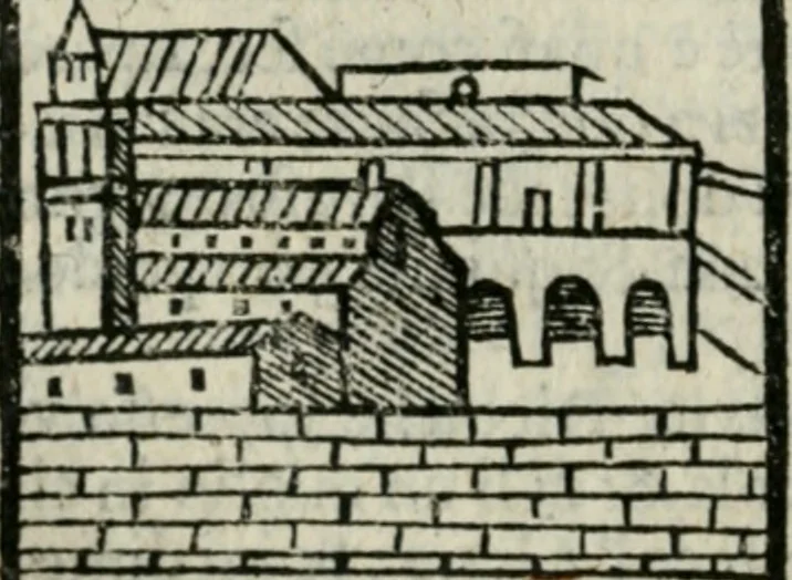 An illustration from Viaggio da Venetia al Santo Sepolcro, et al monte Sinai; col dissegno delle città, castelli, ville, chiese, monasterij, isole, porti, & fiumi, che sin là si ritrouano; et vna breue regola di quanto si dee osseruar nel detto viaggio, e quel che si paga da luoco à luoco, sì di dacij, come d'altre cose, 1606, leaf 105