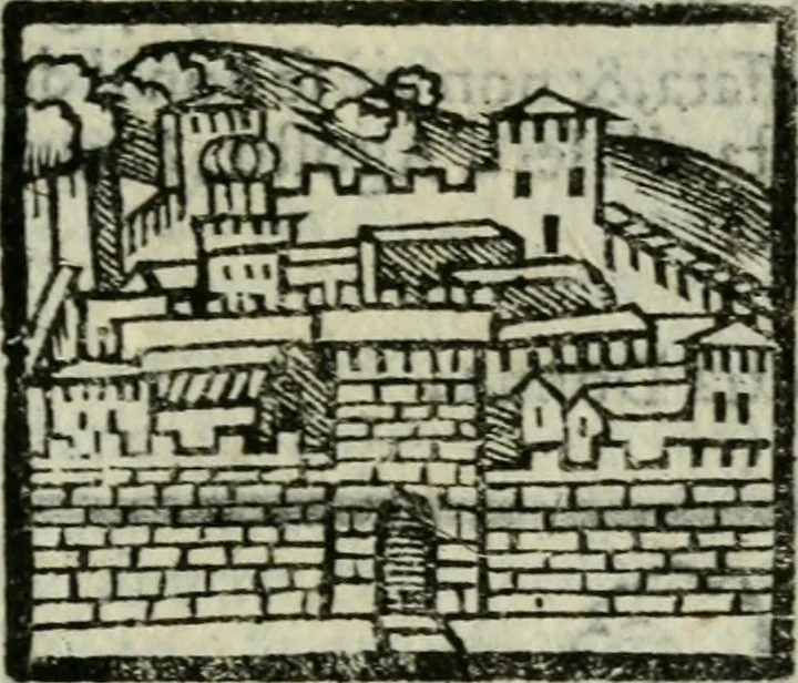 An illustration from Viaggio da Venetia al Santo Sepolcro, et al monte Sinai; col dissegno delle città, castelli, ville, chiese, monasterij, isole, porti, & fiumi, che sin là si ritrouano; et vna breue regola di quanto si dee osseruar nel detto viaggio, e quel che si paga da luoco à luoco, sì di dacij, come d'altre cose, 1606, leaf 106