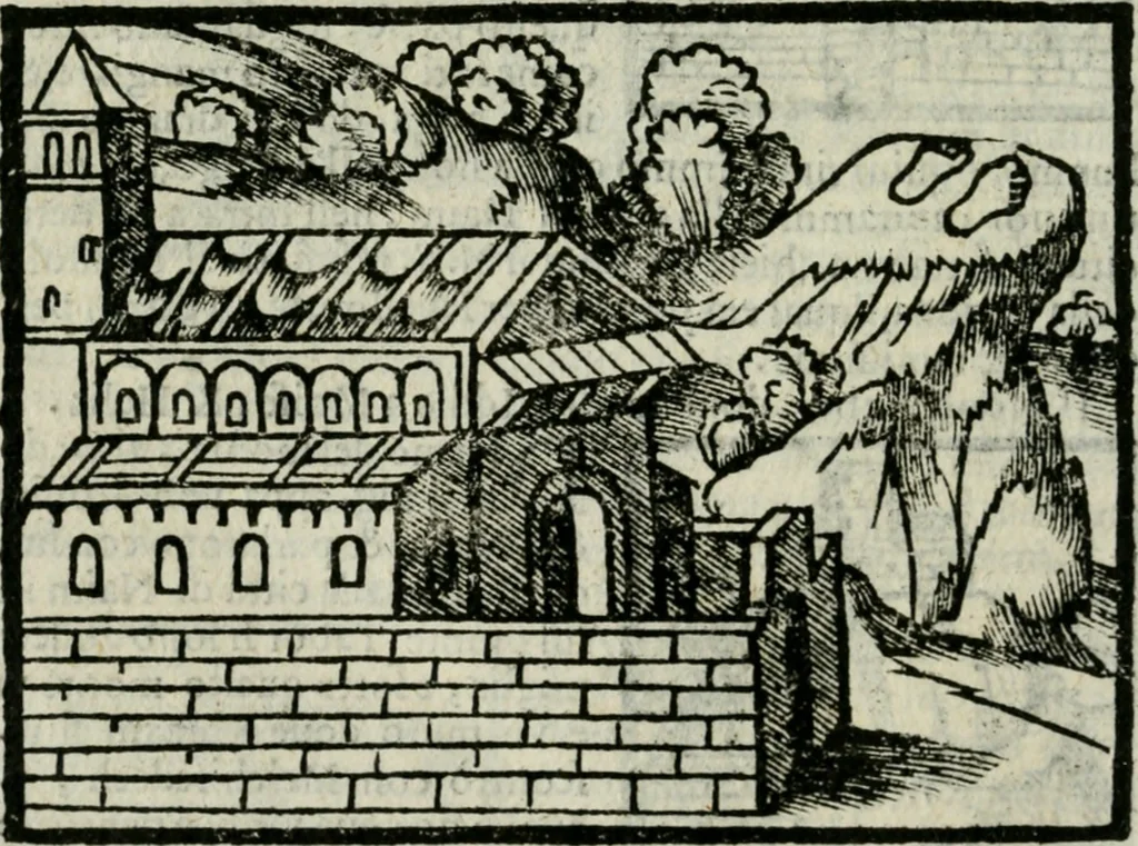 An illustration from Viaggio da Venetia al Santo Sepolcro, et al monte Sinai; col dissegno delle città, castelli, ville, chiese, monasterij, isole, porti, & fiumi, che sin là si ritrouano; et vna breue regola di quanto si dee osseruar nel detto viaggio, e quel che si paga da luoco à luoco, sì di dacij, come d'altre cose, 1606, leaf 107