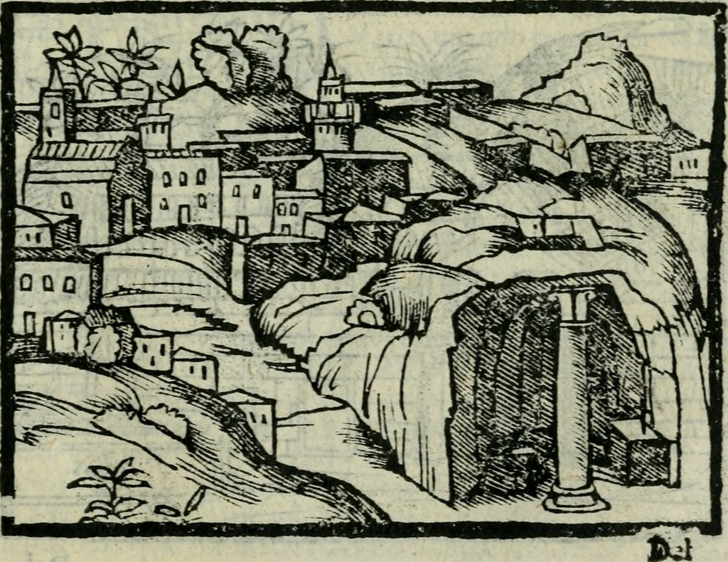 An illustration from Viaggio da Venetia al Santo Sepolcro, et al monte Sinai; col dissegno delle città, castelli, ville, chiese, monasterij, isole, porti, & fiumi, che sin là si ritrouano; et vna breue regola di quanto si dee osseruar nel detto viaggio, e quel che si paga da luoco à luoco, sì di dacij, come d'altre cose, 1606, leaf 108