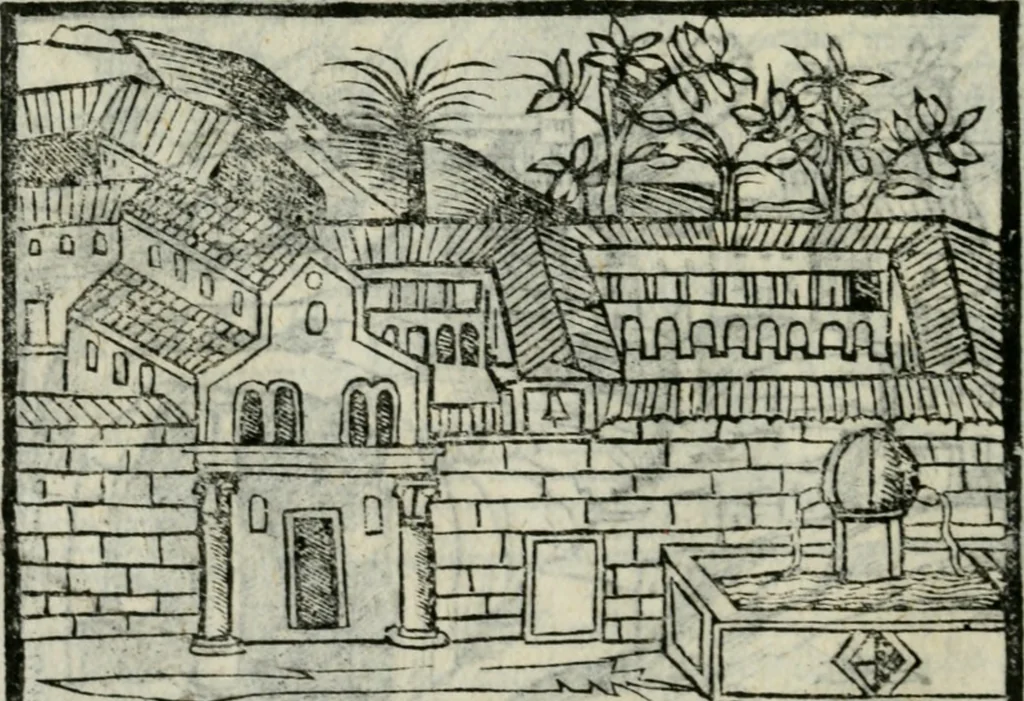 An illustration from Viaggio da Venetia al Santo Sepolcro, et al monte Sinai; col dissegno delle città, castelli, ville, chiese, monasterij, isole, porti, & fiumi, che sin là si ritrouano; et vna breue regola di quanto si dee osseruar nel detto viaggio, e quel che si paga da luoco à luoco, sì di dacij, come d'altre cose, 1606, leaf 109