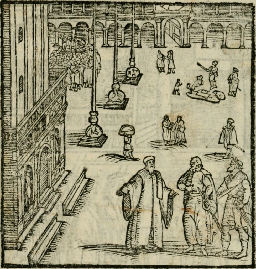 An illustration from Viaggio da Venetia al Santo Sepolcro, et al monte Sinai; col dissegno delle città, castelli, ville, chiese, monasterij, isole, porti, & fiumi, che sin là si ritrouano; et vna breue regola di quanto si dee osseruar nel detto viaggio, e quel che si paga da luoco à luoco, sì di dacij, come d'altre cose, 1606, leaf 11