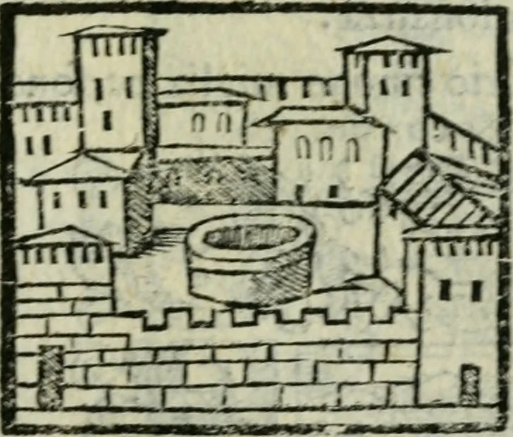 An illustration from Viaggio da Venetia al Santo Sepolcro, et al monte Sinai; col dissegno delle città, castelli, ville, chiese, monasterij, isole, porti, & fiumi, che sin là si ritrouano; et vna breue regola di quanto si dee osseruar nel detto viaggio, e quel che si paga da luoco à luoco, sì di dacij, come d'altre cose, 1606, leaf 110