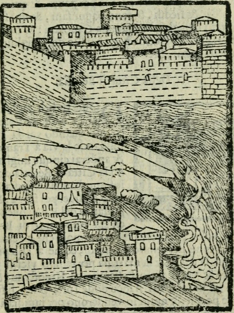 An illustration from Viaggio da Venetia al Santo Sepolcro, et al monte Sinai; col dissegno delle città, castelli, ville, chiese, monasterij, isole, porti, & fiumi, che sin là si ritrouano; et vna breue regola di quanto si dee osseruar nel detto viaggio, e quel che si paga da luoco à luoco, sì di dacij, come d'altre cose, 1606, leaf 112