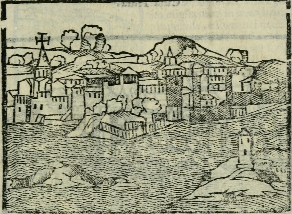 An illustration from Viaggio da Venetia al Santo Sepolcro, et al monte Sinai; col dissegno delle città, castelli, ville, chiese, monasterij, isole, porti, & fiumi, che sin là si ritrouano; et vna breue regola di quanto si dee osseruar nel detto viaggio, e quel che si paga da luoco à luoco, sì di dacij, come d'altre cose, 1606, leaf 114