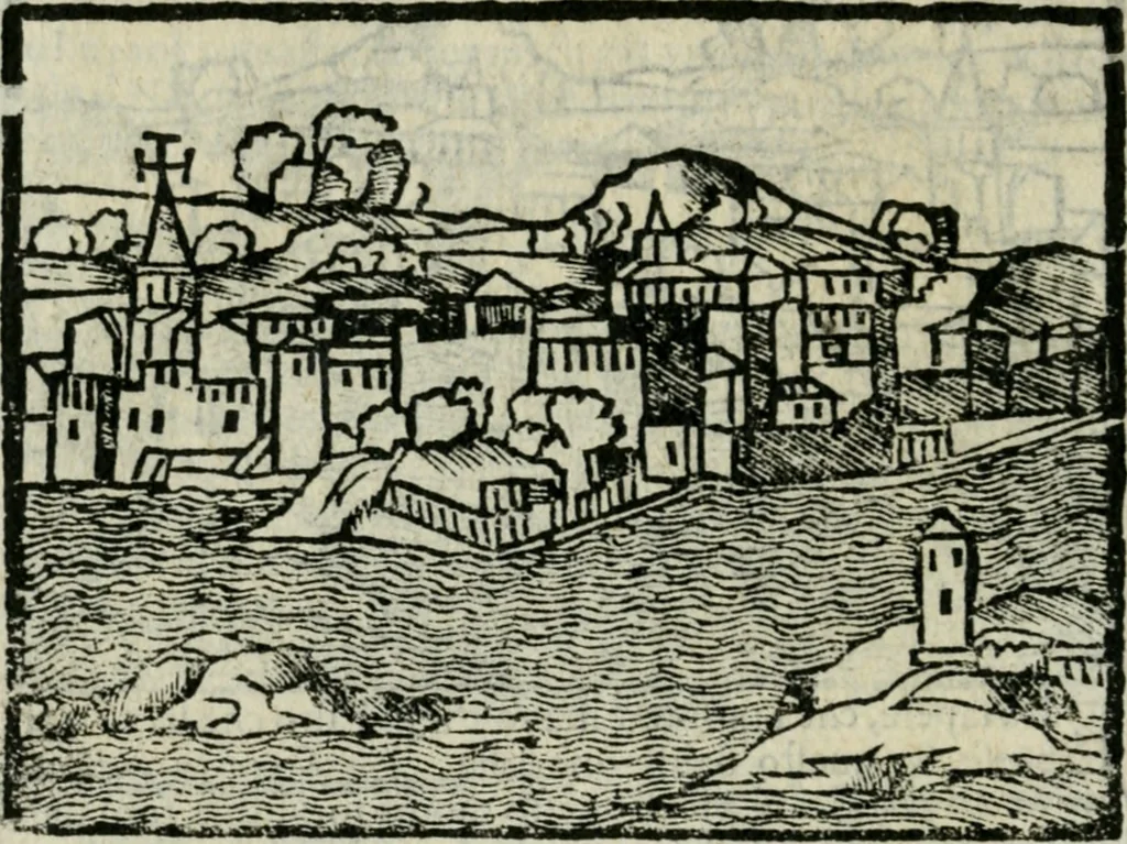 An illustration from Viaggio da Venetia al Santo Sepolcro, et al monte Sinai; col dissegno delle città, castelli, ville, chiese, monasterij, isole, porti, & fiumi, che sin là si ritrouano; et vna breue regola di quanto si dee osseruar nel detto viaggio, e quel che si paga da luoco à luoco, sì di dacij, come d'altre cose, 1606, leaf 115