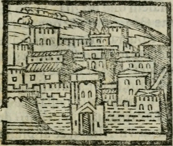 An illustration from Viaggio da Venetia al Santo Sepolcro, et al monte Sinai; col dissegno delle città, castelli, ville, chiese, monasterij, isole, porti, & fiumi, che sin là si ritrouano; et vna breue regola di quanto si dee osseruar nel detto viaggio, e quel che si paga da luoco à luoco, sì di dacij, come d'altre cose, 1606, leaf 116