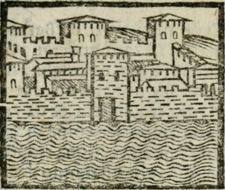 An illustration from Viaggio da Venetia al Santo Sepolcro, et al monte Sinai; col dissegno delle città, castelli, ville, chiese, monasterij, isole, porti, & fiumi, che sin là si ritrouano; et vna breue regola di quanto si dee osseruar nel detto viaggio, e quel che si paga da luoco à luoco, sì di dacij, come d'altre cose, 1606, leaf 119
