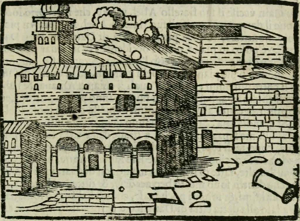 An illustration from Viaggio da Venetia al Santo Sepolcro, et al monte Sinai; col dissegno delle città, castelli, ville, chiese, monasterij, isole, porti, & fiumi, che sin là si ritrouano; et vna breue regola di quanto si dee osseruar nel detto viaggio, e quel che si paga da luoco à luoco, sì di dacij, come d'altre cose, 1606, leaf 122