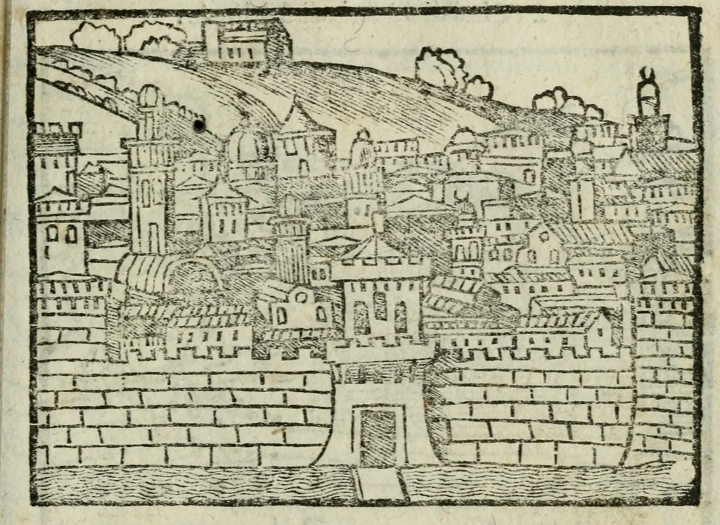 An illustration from Viaggio da Venetia al Santo Sepolcro, et al monte Sinai; col dissegno delle città, castelli, ville, chiese, monasterij, isole, porti, & fiumi, che sin là si ritrouano; et vna breue regola di quanto si dee osseruar nel detto viaggio, e quel che si paga da luoco à luoco, sì di dacij, come d'altre cose, 1606, leaf 124