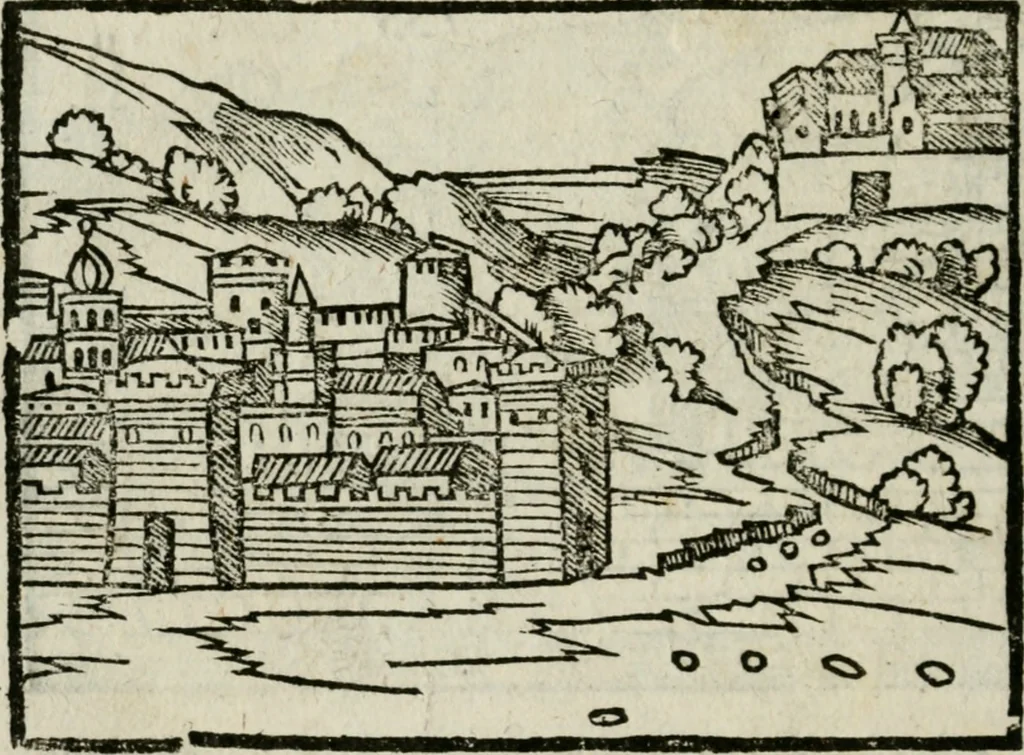An illustration from Viaggio da Venetia al Santo Sepolcro, et al monte Sinai; col dissegno delle città, castelli, ville, chiese, monasterij, isole, porti, & fiumi, che sin là si ritrouano; et vna breue regola di quanto si dee osseruar nel detto viaggio, e quel che si paga da luoco à luoco, sì di dacij, come d'altre cose, 1606, leaf 125