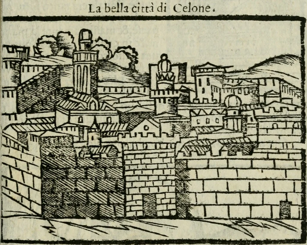 An illustration from Viaggio da Venetia al Santo Sepolcro, et al monte Sinai; col dissegno delle città, castelli, ville, chiese, monasterij, isole, porti, & fiumi, che sin là si ritrouano; et vna breue regola di quanto si dee osseruar nel detto viaggio, e quel che si paga da luoco à luoco, sì di dacij, come d'altre cose, 1606, leaf 126