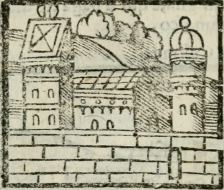 An illustration from Viaggio da Venetia al Santo Sepolcro, et al monte Sinai; col dissegno delle città, castelli, ville, chiese, monasterij, isole, porti, & fiumi, che sin là si ritrouano; et vna breue regola di quanto si dee osseruar nel detto viaggio, e quel che si paga da luoco à luoco, sì di dacij, come d'altre cose, 1606, leaf 127