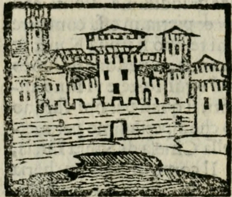 An illustration from Viaggio da Venetia al Santo Sepolcro, et al monte Sinai; col dissegno delle città, castelli, ville, chiese, monasterij, isole, porti, & fiumi, che sin là si ritrouano; et vna breue regola di quanto si dee osseruar nel detto viaggio, e quel che si paga da luoco à luoco, sì di dacij, come d'altre cose, 1606, leaf 13