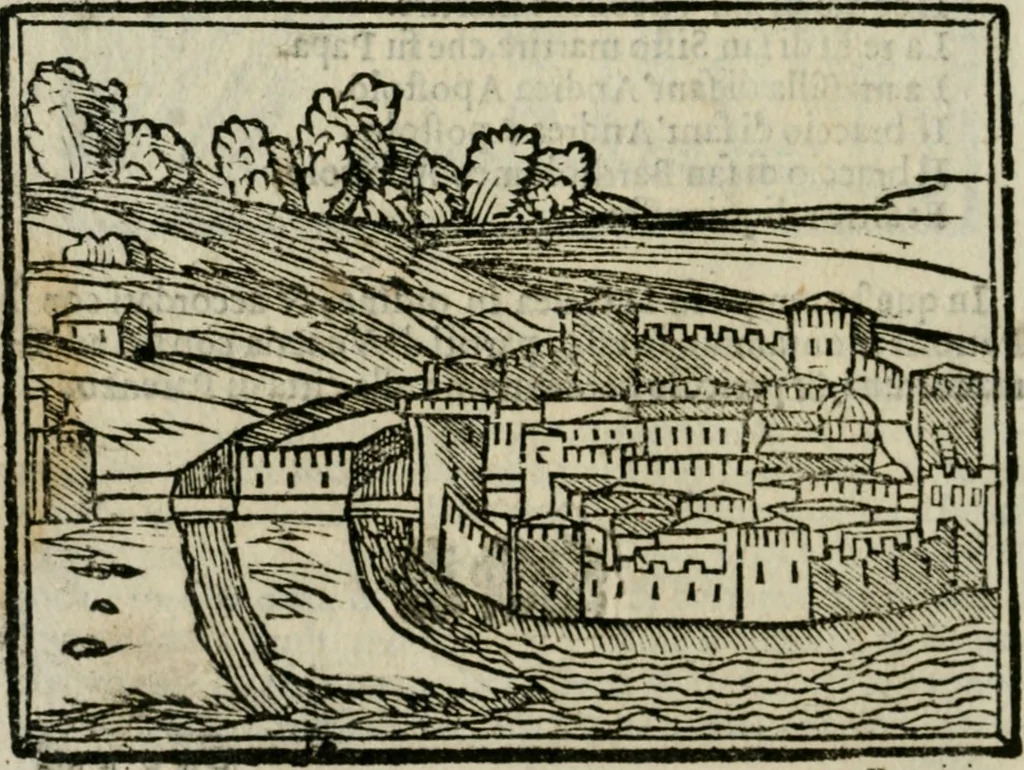 An illustration from Viaggio da Venetia al Santo Sepolcro, et al monte Sinai; col dissegno delle città, castelli, ville, chiese, monasterij, isole, porti, & fiumi, che sin là si ritrouano; et vna breue regola di quanto si dee osseruar nel detto viaggio, e quel che si paga da luoco à luoco, sì di dacij, come d'altre cose, 1606, leaf 13