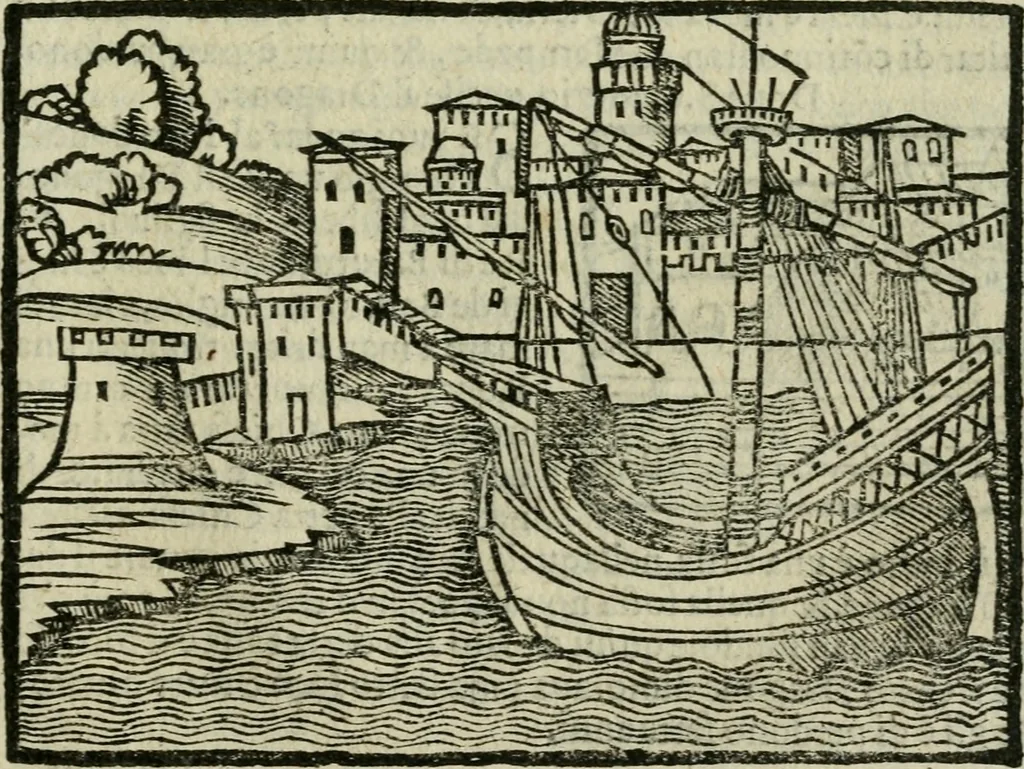 An illustration from Viaggio da Venetia al Santo Sepolcro, et al monte Sinai; col dissegno delle città, castelli, ville, chiese, monasterij, isole, porti, & fiumi, che sin là si ritrouano; et vna breue regola di quanto si dee osseruar nel detto viaggio, e quel che si paga da luoco à luoco, sì di dacij, come d'altre cose, 1606, leaf 134