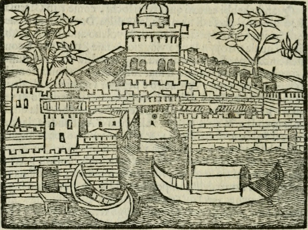 An illustration from Viaggio da Venetia al Santo Sepolcro, et al monte Sinai; col dissegno delle città, castelli, ville, chiese, monasterij, isole, porti, & fiumi, che sin là si ritrouano; et vna breue regola di quanto si dee osseruar nel detto viaggio, e quel che si paga da luoco à luoco, sì di dacij, come d'altre cose, 1606, leaf 137