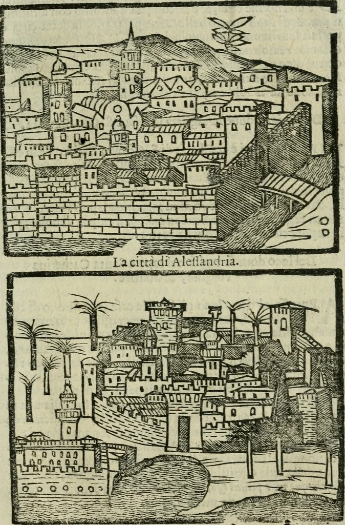 An illustration from Viaggio da Venetia al Santo Sepolcro, et al monte Sinai; col dissegno delle città, castelli, ville, chiese, monasterij, isole, porti, & fiumi, che sin là si ritrouano; et vna breue regola di quanto si dee osseruar nel detto viaggio, e quel che si paga da luoco à luoco, sì di dacij, come d'altre cose, 1606, leaf 138