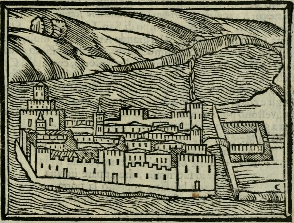 An illustration from Viaggio da Venetia al Santo Sepolcro, et al monte Sinai; col dissegno delle città, castelli, ville, chiese, monasterij, isole, porti, & fiumi, che sin là si ritrouano; et vna breue regola di quanto si dee osseruar nel detto viaggio, e quel che si paga da luoco à luoco, sì di dacij, come d'altre cose, 1606, leaf 14
