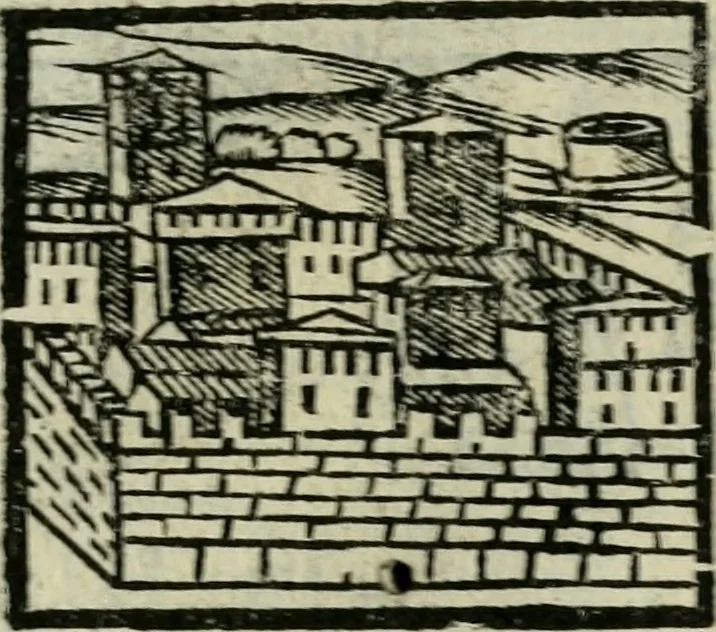 An illustration from Viaggio da Venetia al Santo Sepolcro, et al monte Sinai; col dissegno delle città, castelli, ville, chiese, monasterij, isole, porti, & fiumi, che sin là si ritrouano; et vna breue regola di quanto si dee osseruar nel detto viaggio, e quel che si paga da luoco à luoco, sì di dacij, come d'altre cose, 1606, leaf 140